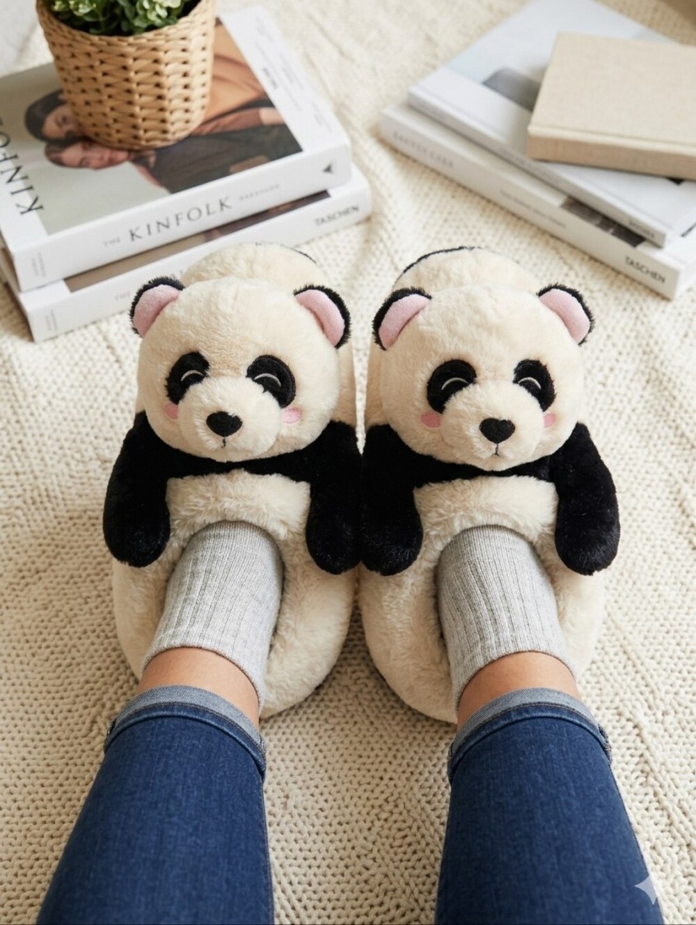 Women’s Plush Panda Slippers - Black & White NWT